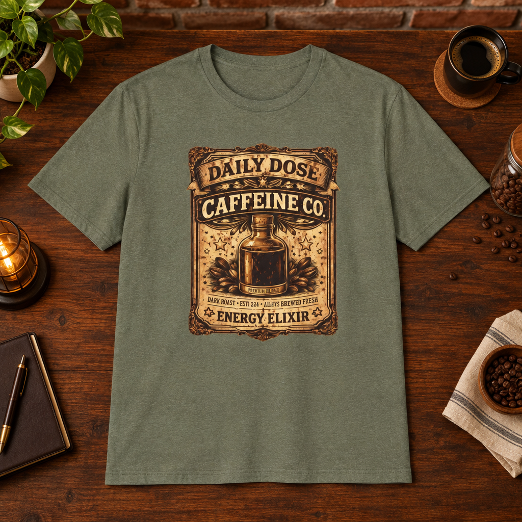 Daily Dose T-Shirt Heather Military Green close-fill short-sleeve dark-ish coffee-bar flat lay