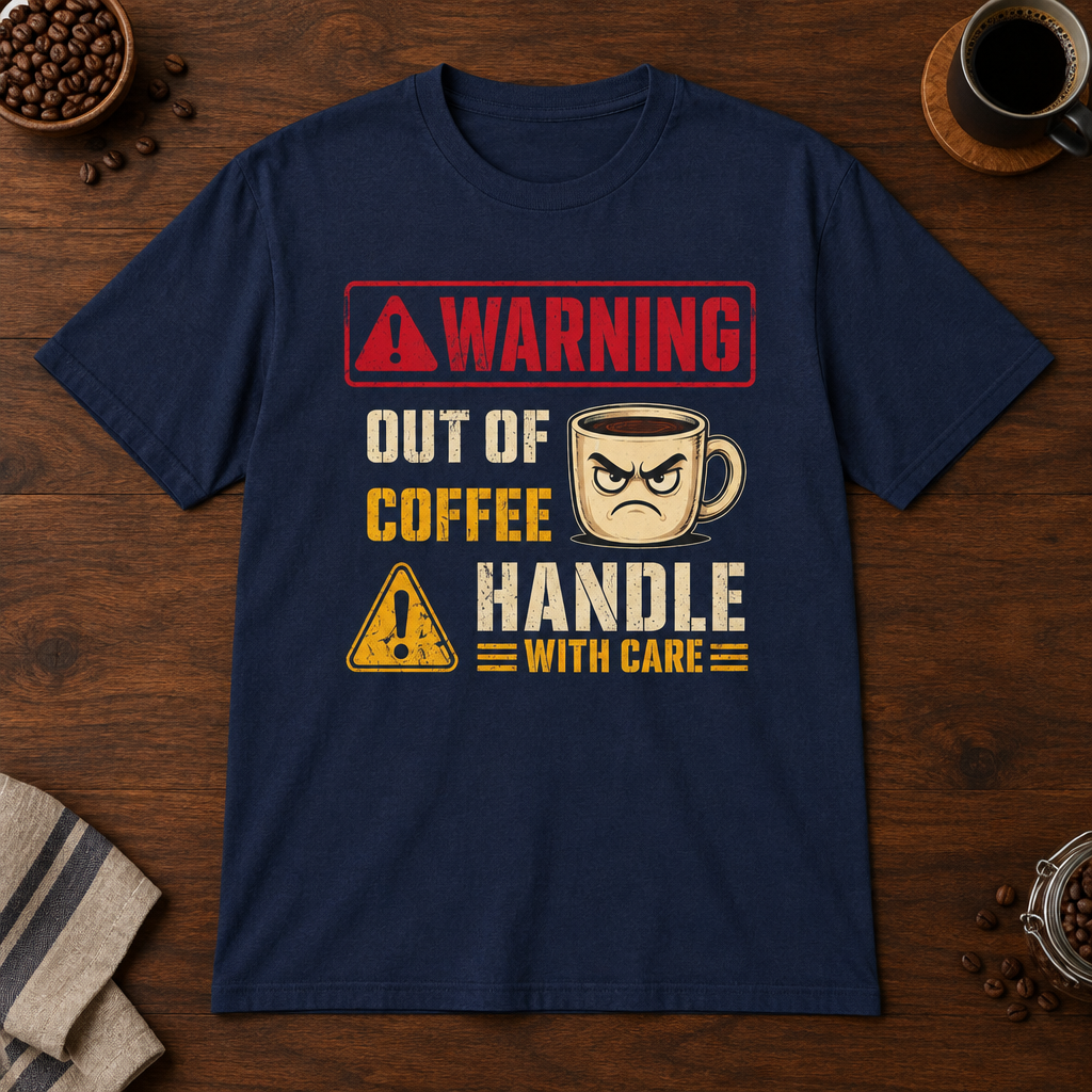 Warning Out of Coffee T-Shirt Navy short-sleeve coffee-bar flat lay