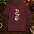 You Had Me at Coffee T-Shirt in Maroon, coffee bar flat lay mockup