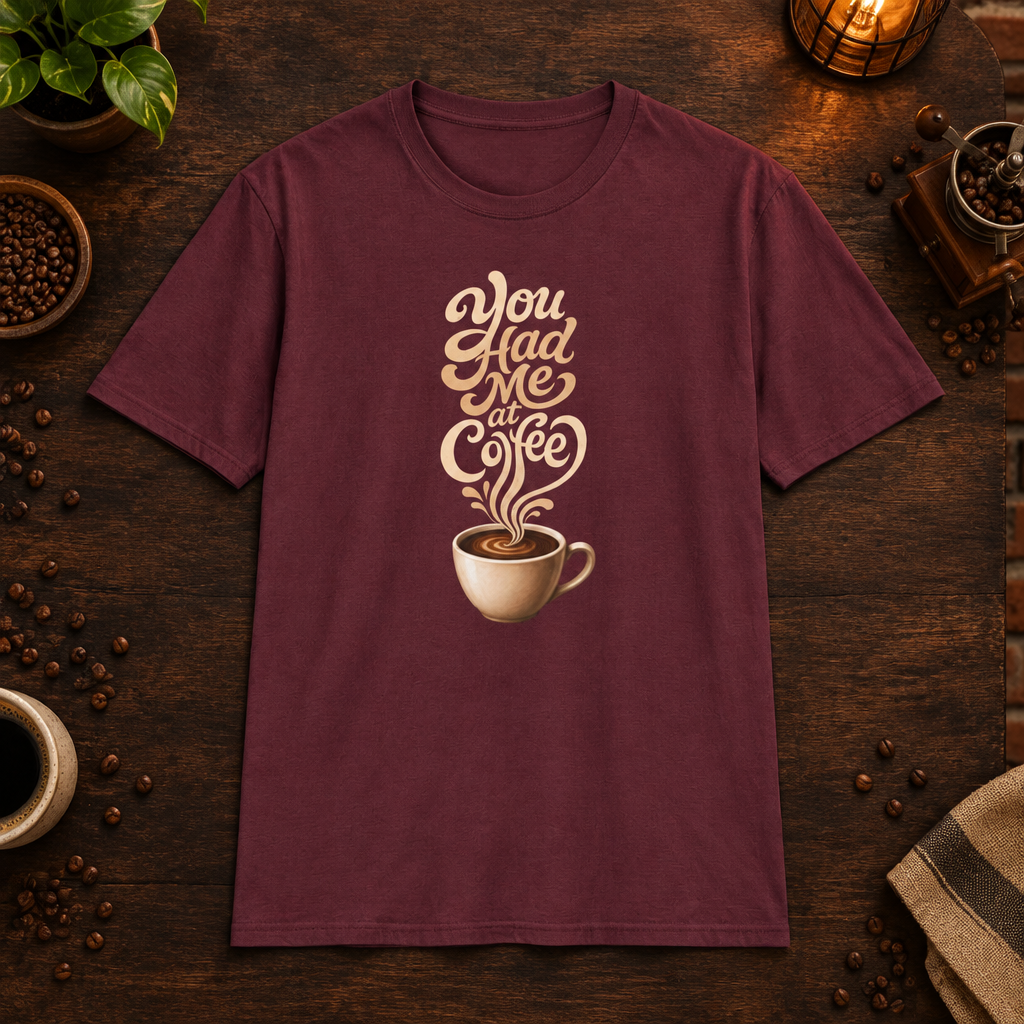 You Had Me at Coffee T-Shirt in Maroon, coffee bar flat lay mockup