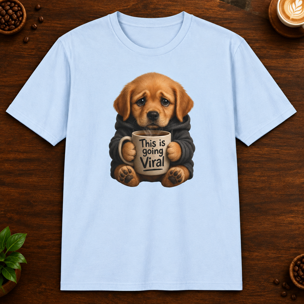 This Is Going Viral T-Shirt in Light Blue on a dark wood coffee bar