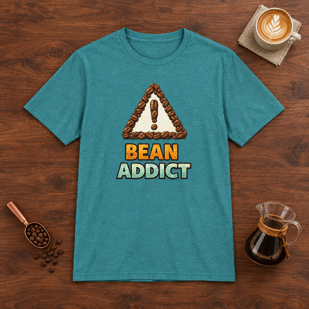 Bean Addict T-Shirt Heather Galapagos Blue flat lay on walnut coffee bar