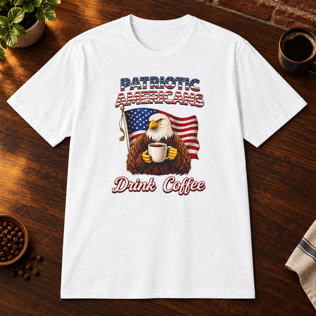 Patriotic Americans T-Shirt White close-fill short-sleeve coffee-bar flat lay