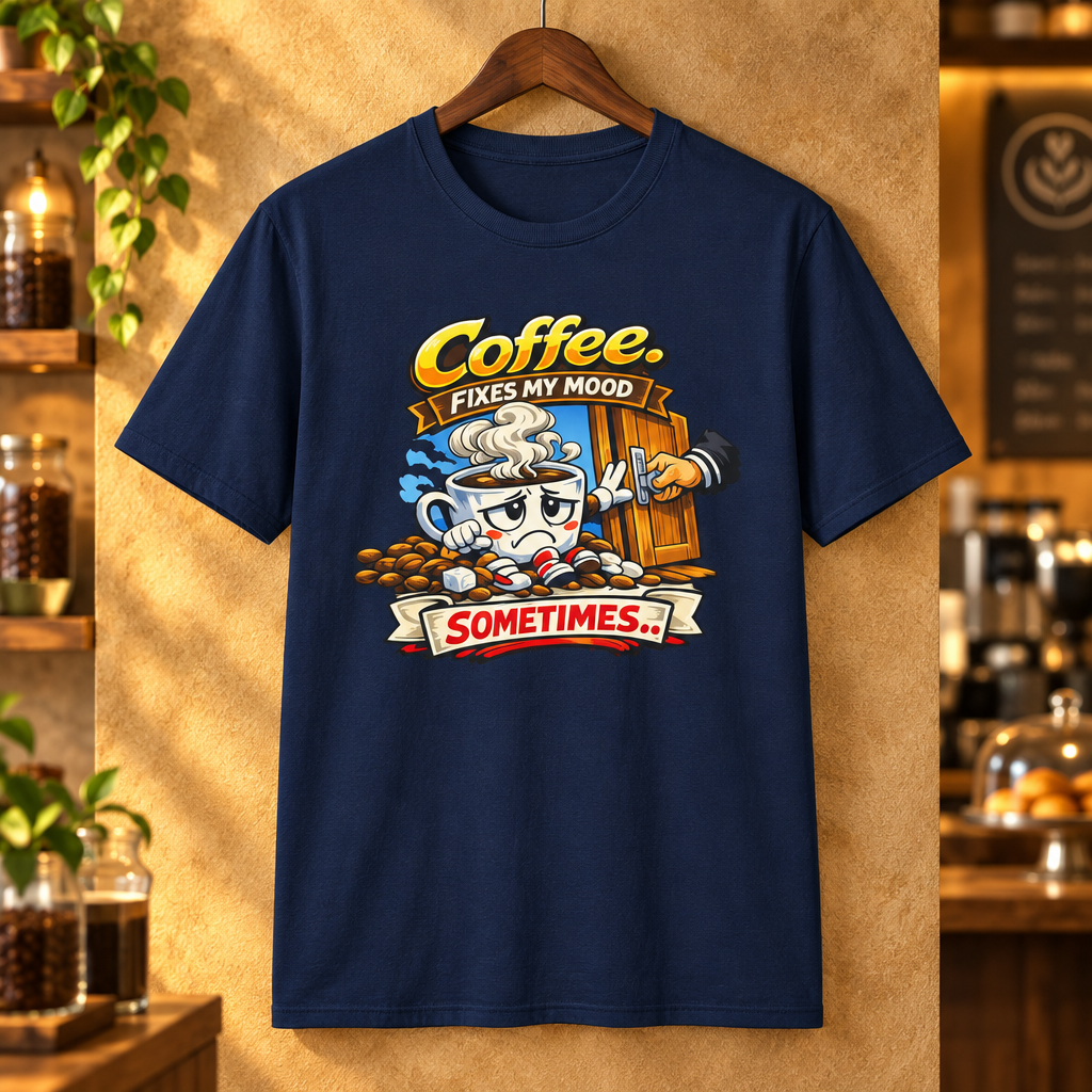 Coffee Fixes My Mood Sometimes T-Shirt in Navy, premium hanger mockup
