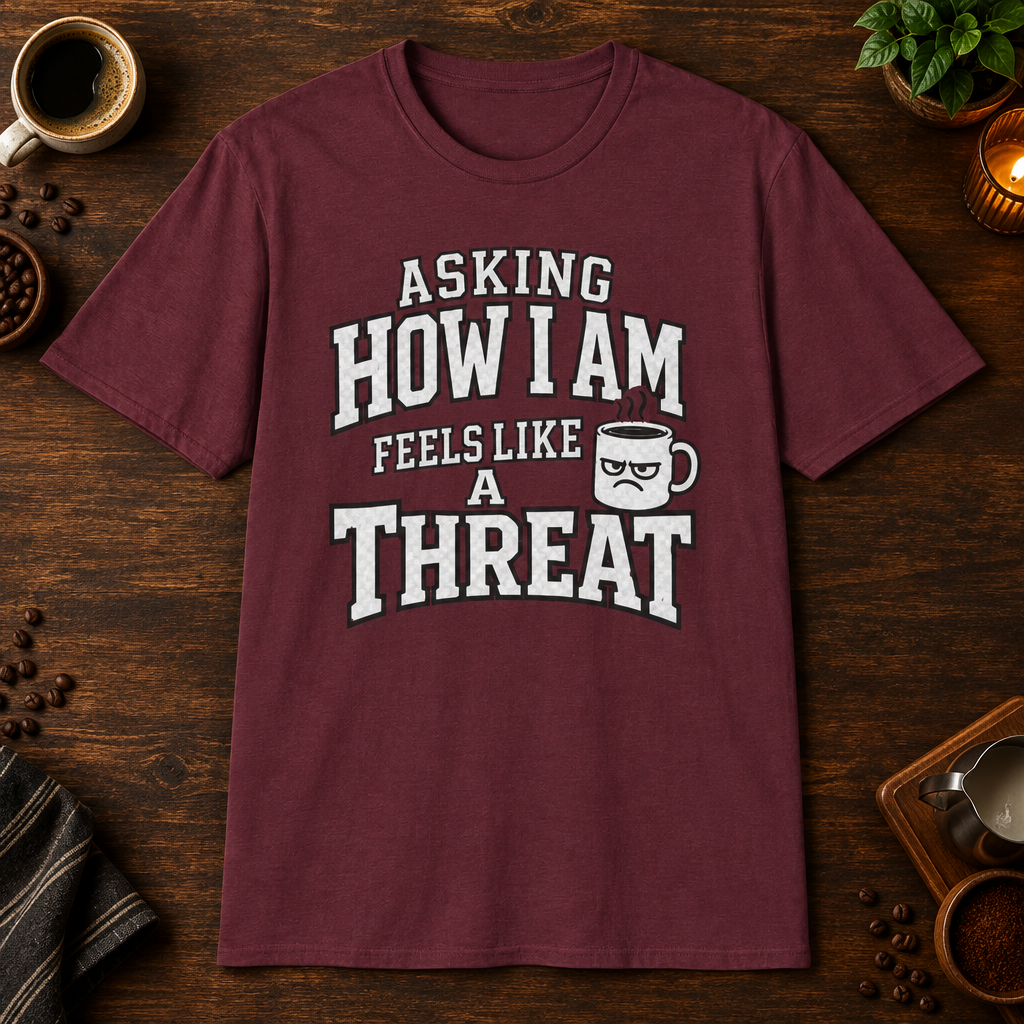 Asking How I Am T-Shirt in Maroon, overhead coffee-bar flat-lay mockup