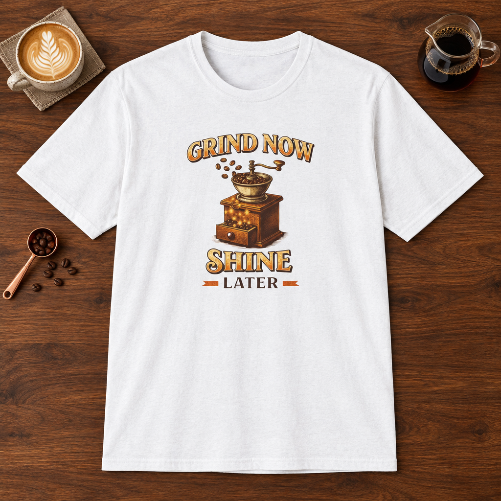 Grind Now Shine Later T-Shirt White coffee bar mockup