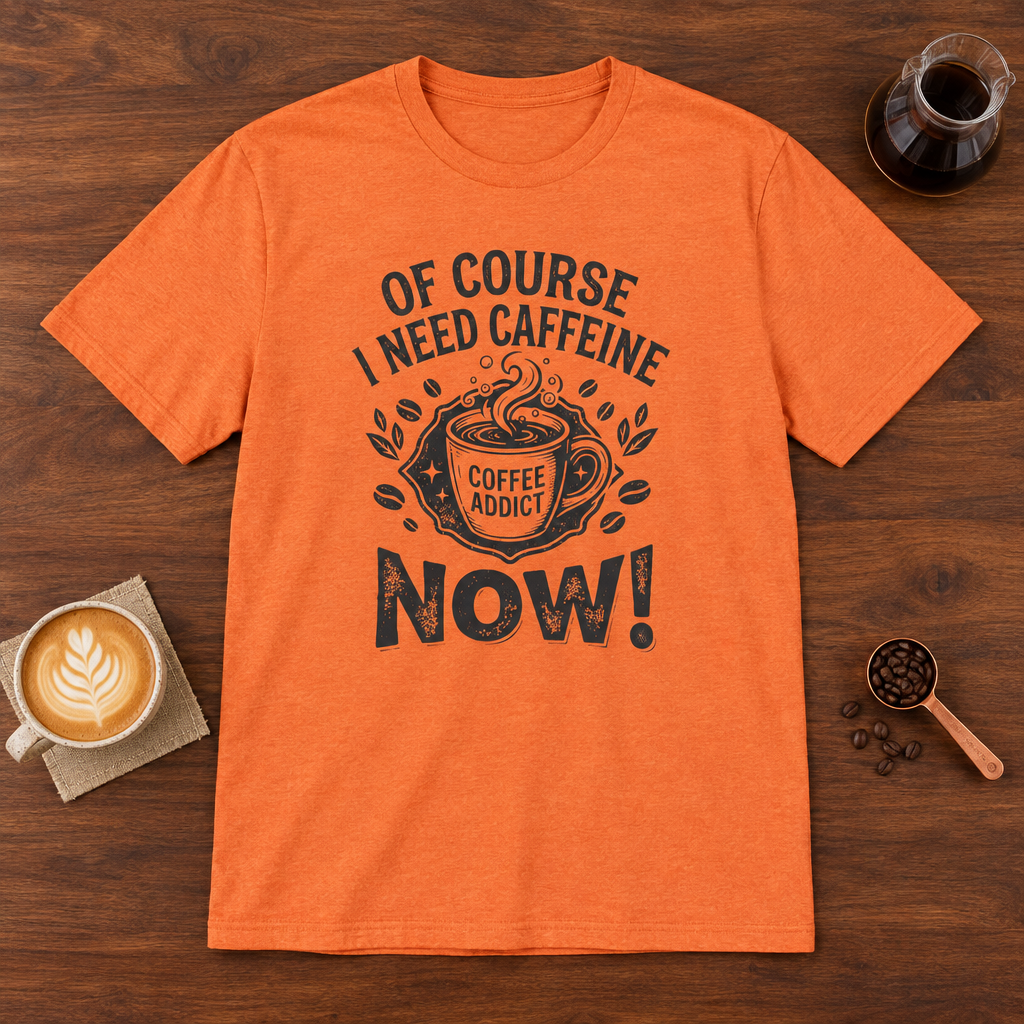Of Course I Need Caffeine T-Shirt Heather Orange coffee bar mockup