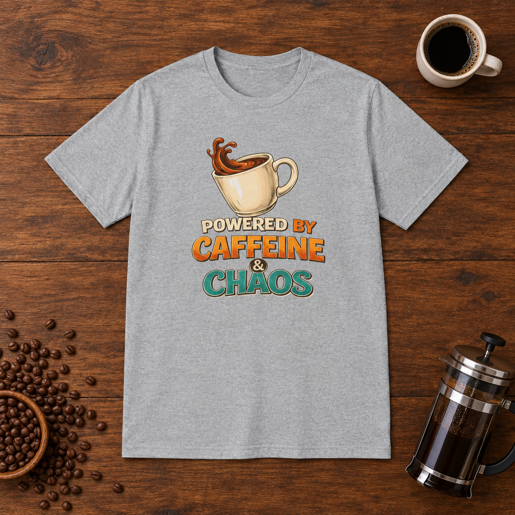 Powered by Caffeine and Chaos T-Shirt Sport Grey coffee-bar flat lay