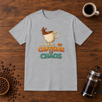 Powered by Caffeine and Chaos T-Shirt Sport Grey coffee-bar flat lay
