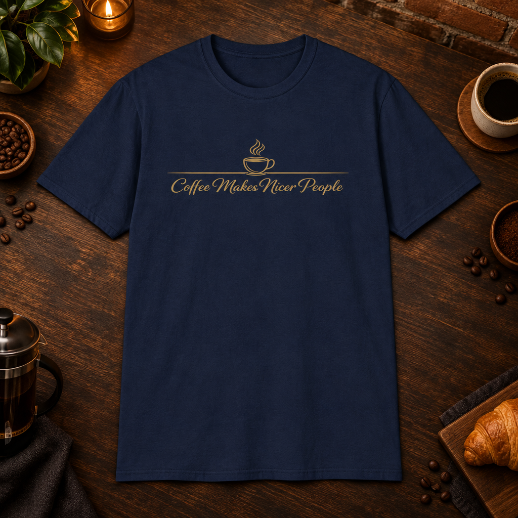 Nicer People T-Shirt in Navy, coffee bar flat lay mockup