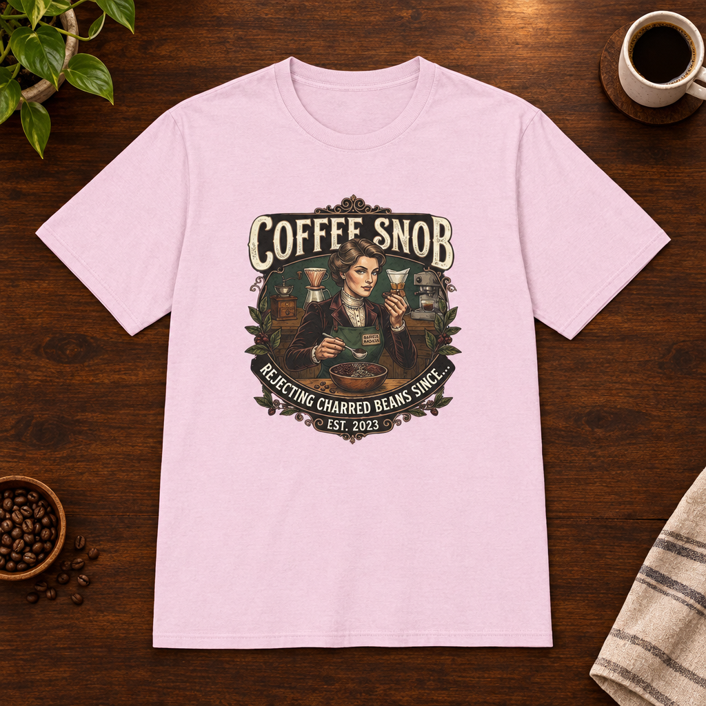 Coffee Snob Female T-Shirt Light Pink short-sleeve coffee-bar flat lay