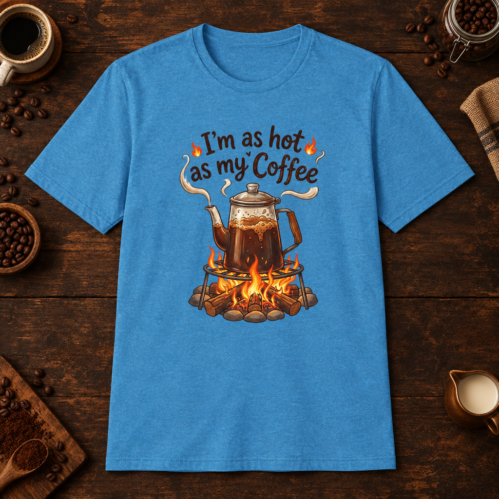 I'm as hot as my Coffee T-Shirt in Heather Sapphire, overhead coffee-bar flat-lay mockup