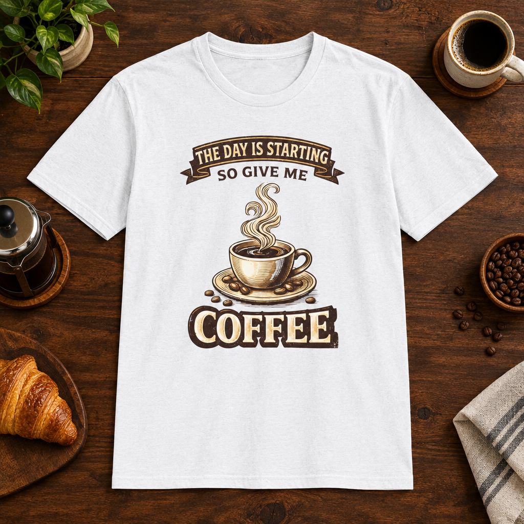 The Day is Starting T-Shirt White short-sleeve coffee-bar flat lay