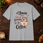 A Kitten’s Yawn T-Shirt in Sport Grey, overhead coffee-bar flat-lay mockup