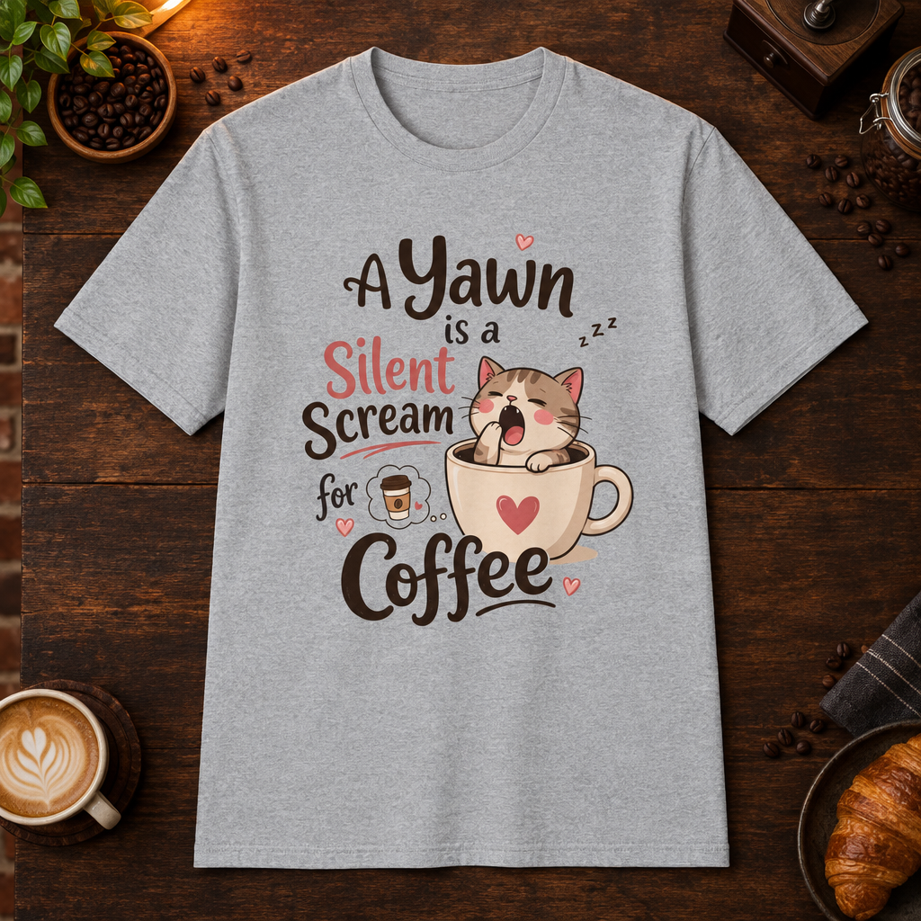 A Kitten’s Yawn T-Shirt in Sport Grey, overhead coffee-bar flat-lay mockup