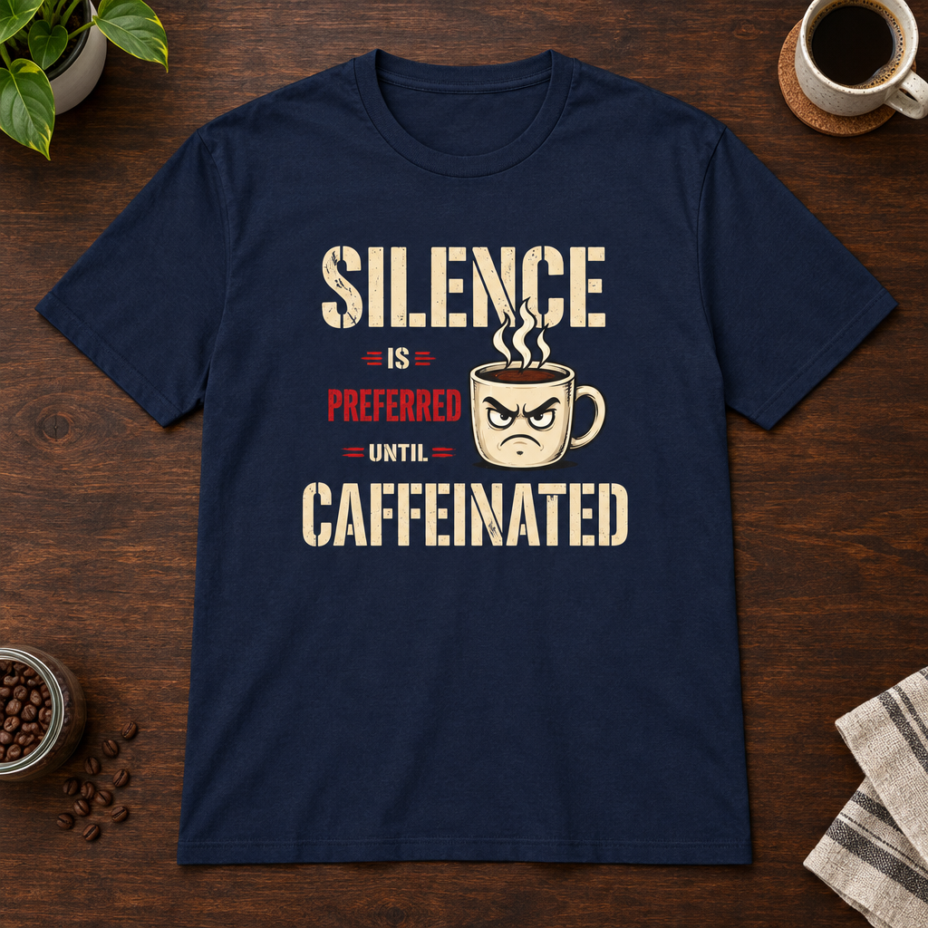 Silence is Preferred T-Shirt Navy short-sleeve coffee-bar flat lay