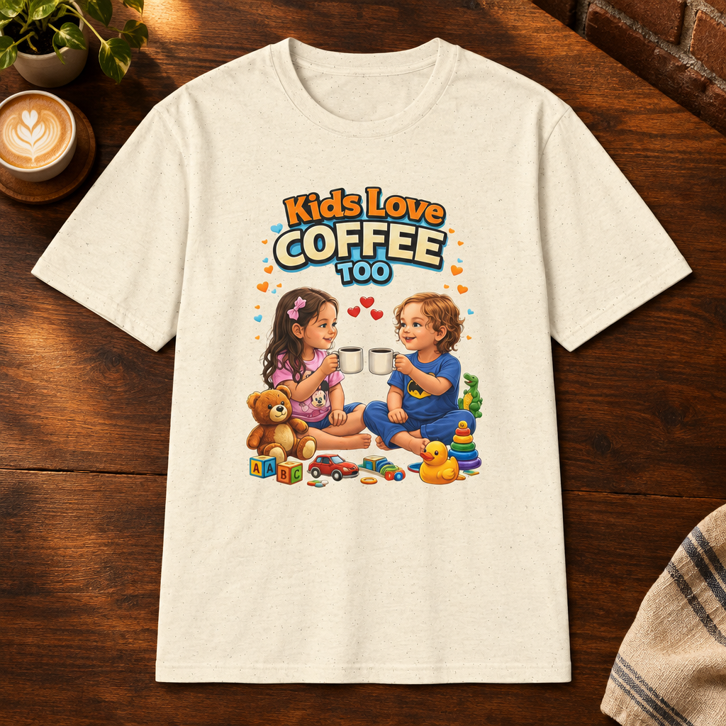 Kids Love Coffee Too T-Shirt Natural close-fill short-sleeve coffee-bar flat lay