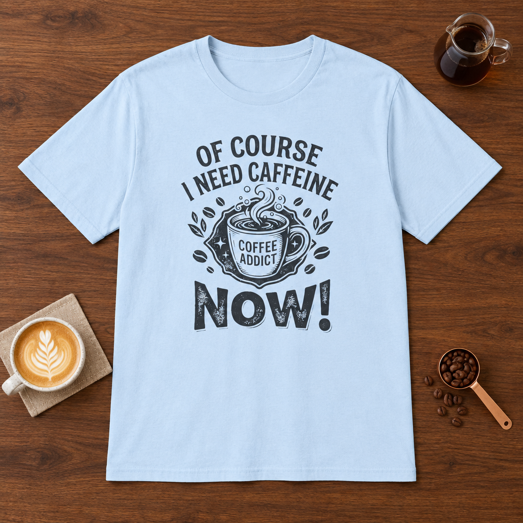Of Course I Need Caffeine T-Shirt Light Blue coffee bar mockup