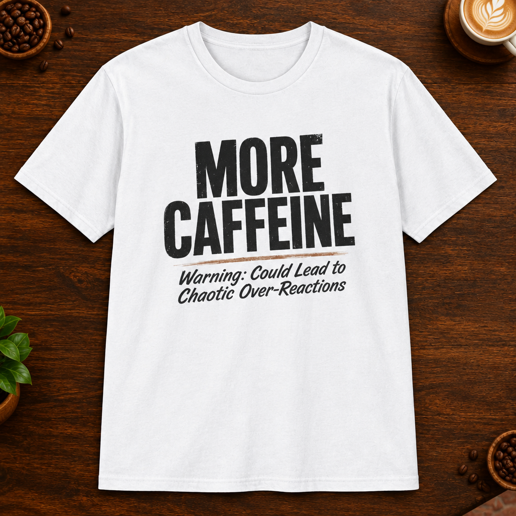 More Caffeine T-Shirt in White on a dark wood coffee bar