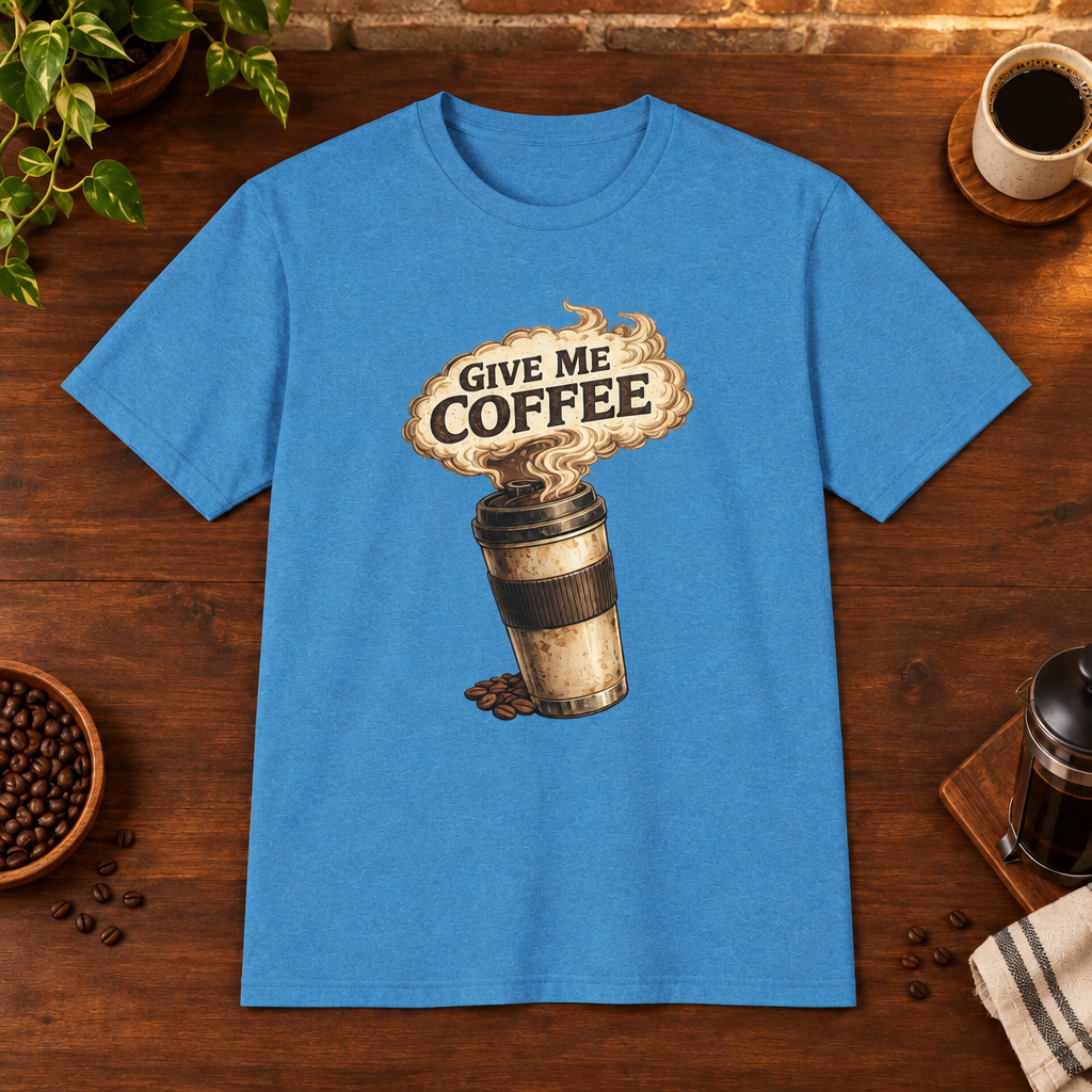 Give Me Coffee T-Shirt Heather Sapphire coffee-bar flat lay, consistent framing