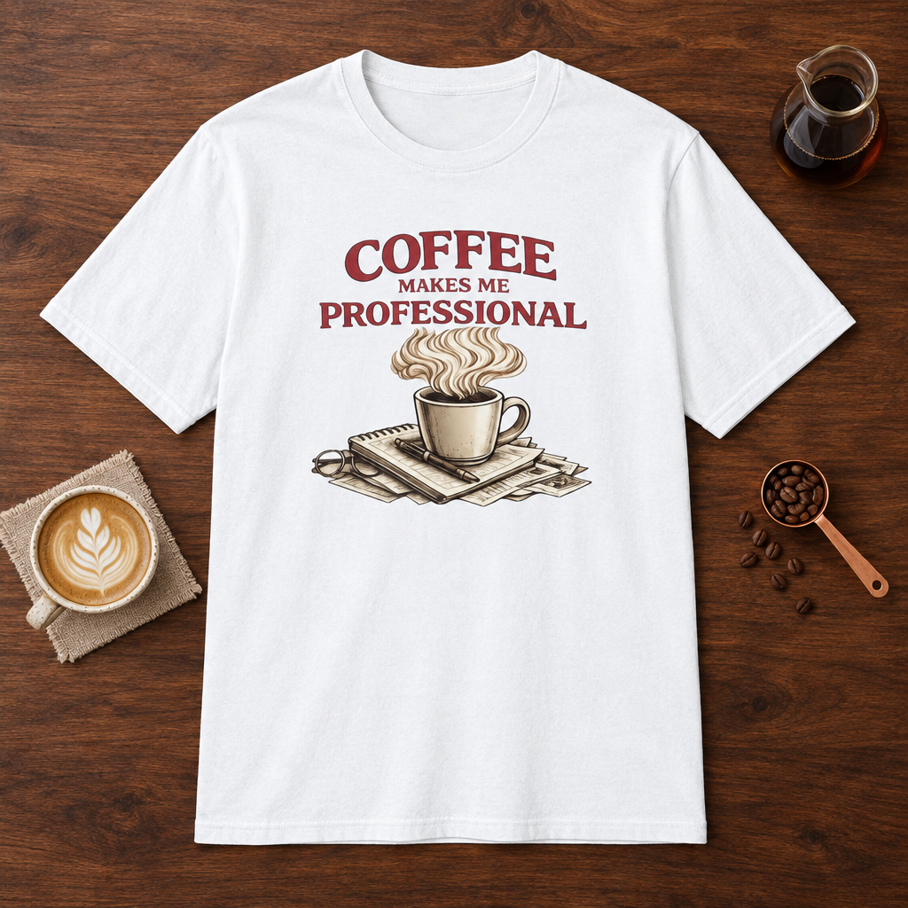 Coffee Makes Me Professionial T-Shirt White coffee bar mockup