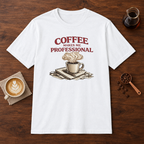 Coffee Makes Me Professionial T-Shirt White coffee bar mockup