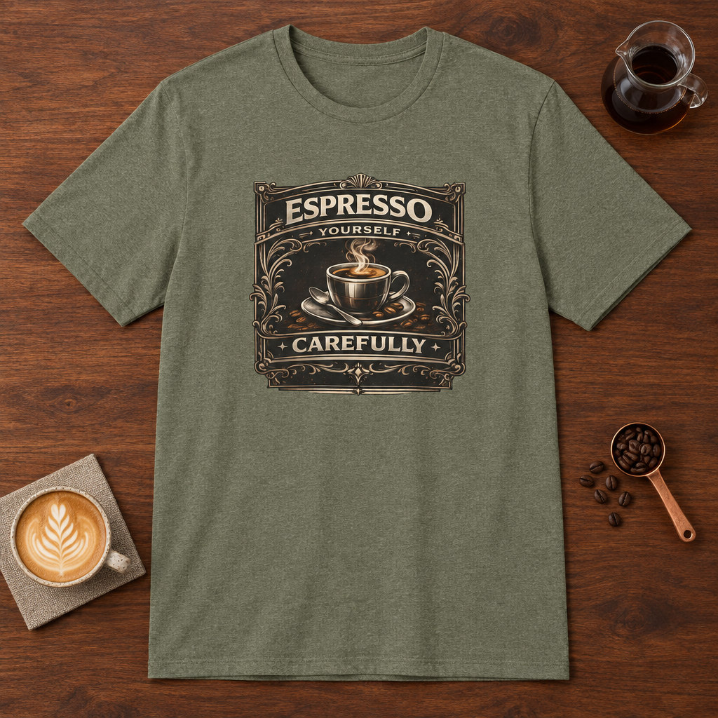 Espresso Yourself Carefully T-Shirt Heather Military Green coffee bar mockup