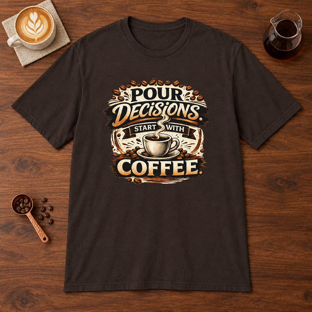 Pour Decisions Start with Coffee T-Shirt Dark Chocolate coffee bar mockup