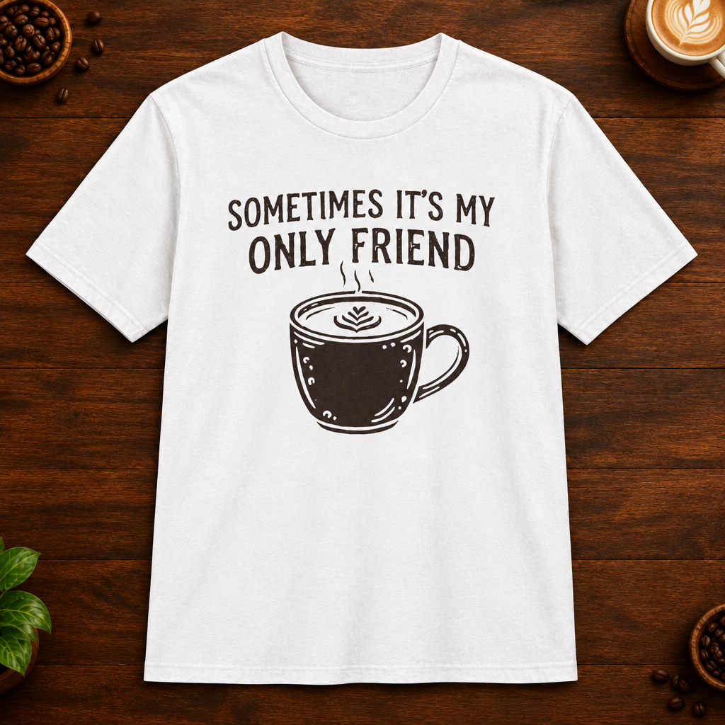 Sometimes It's My Only Friend T-Shirt in White on a dark wood coffee bar