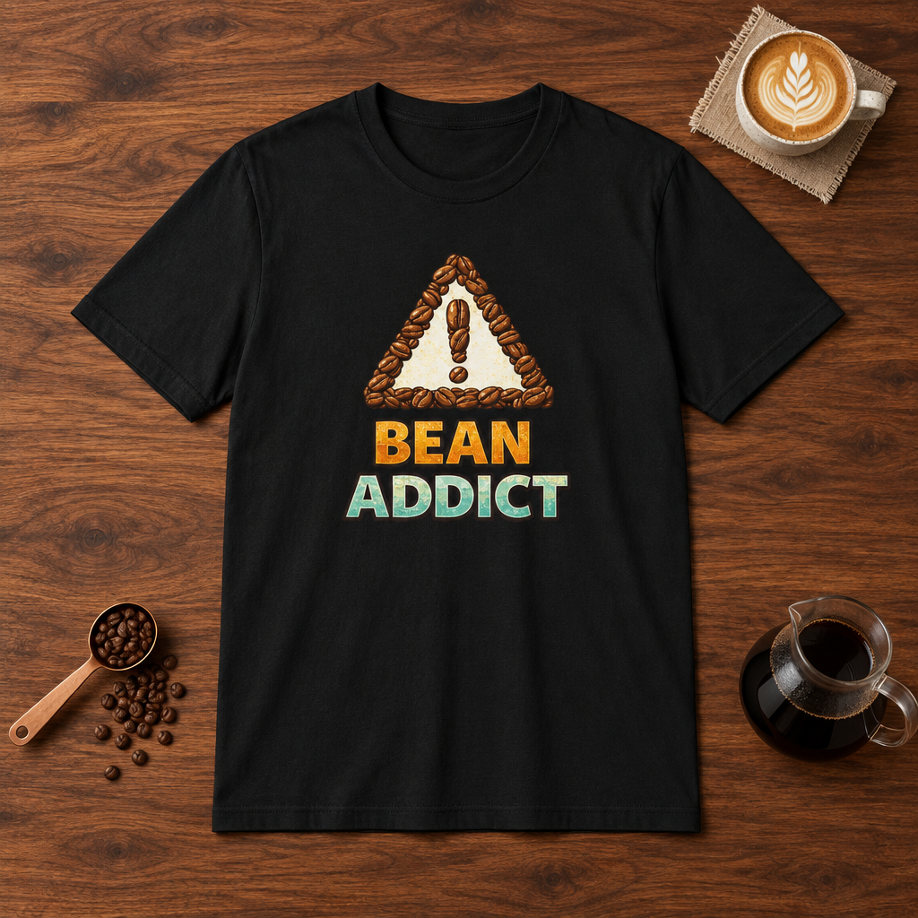 Bean Addict T-Shirt Black flat lay on walnut coffee bar