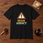 Bean Addict T-Shirt Black flat lay on walnut coffee bar
