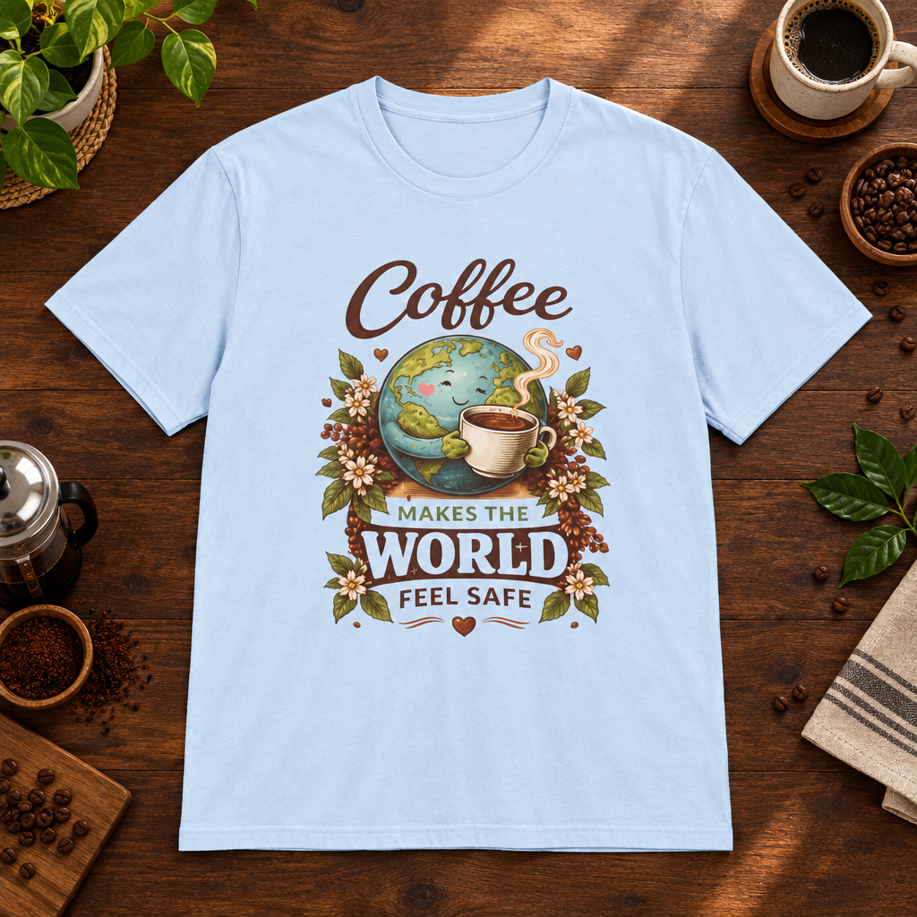 Coffee Safety T-Shirt Light Blue short-sleeve coffee-bar flat lay