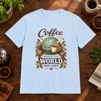 Coffee Safety T-Shirt Light Blue short-sleeve coffee-bar flat lay
