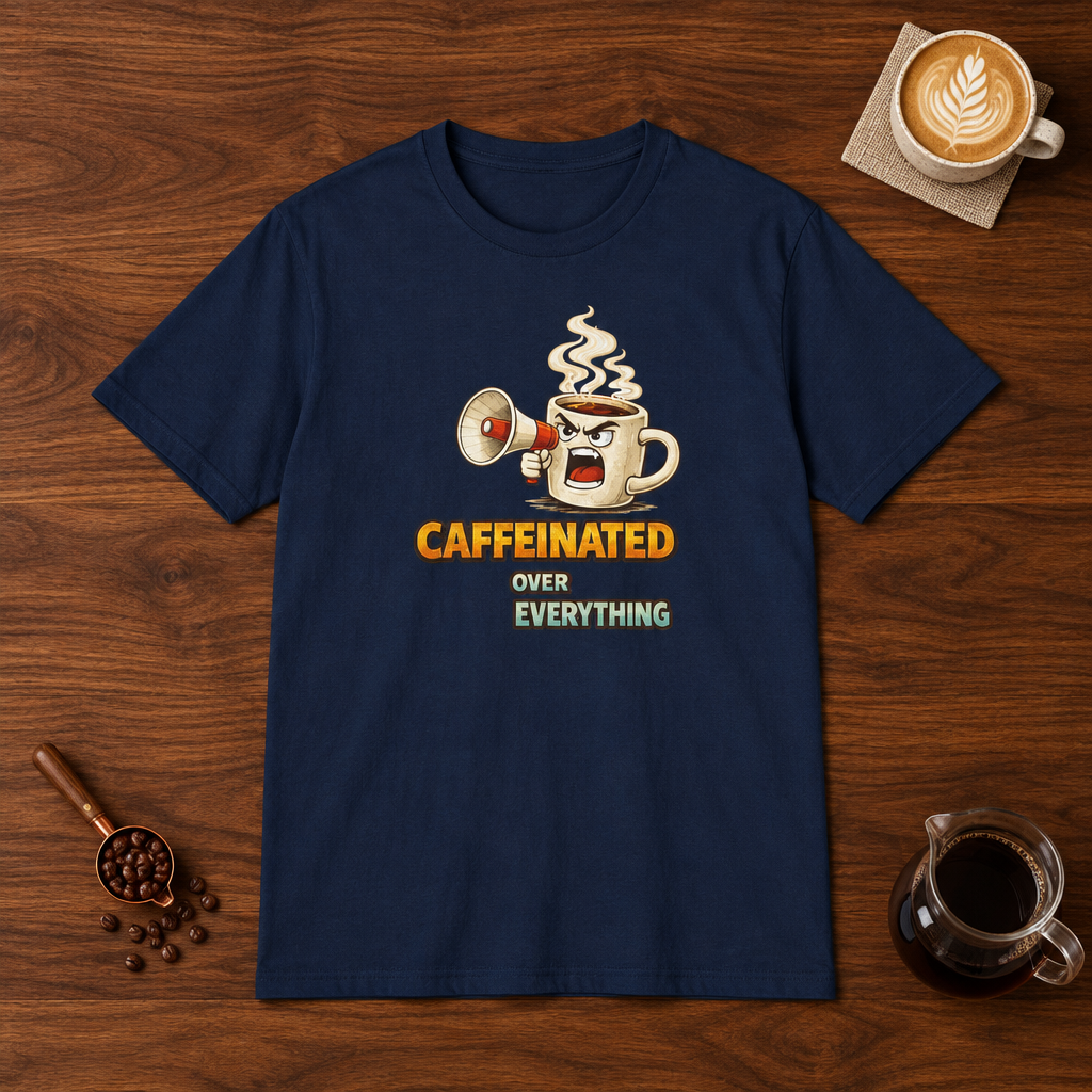 Caffeinated Over Everything T-Shirt Navy flat lay on walnut coffee bar