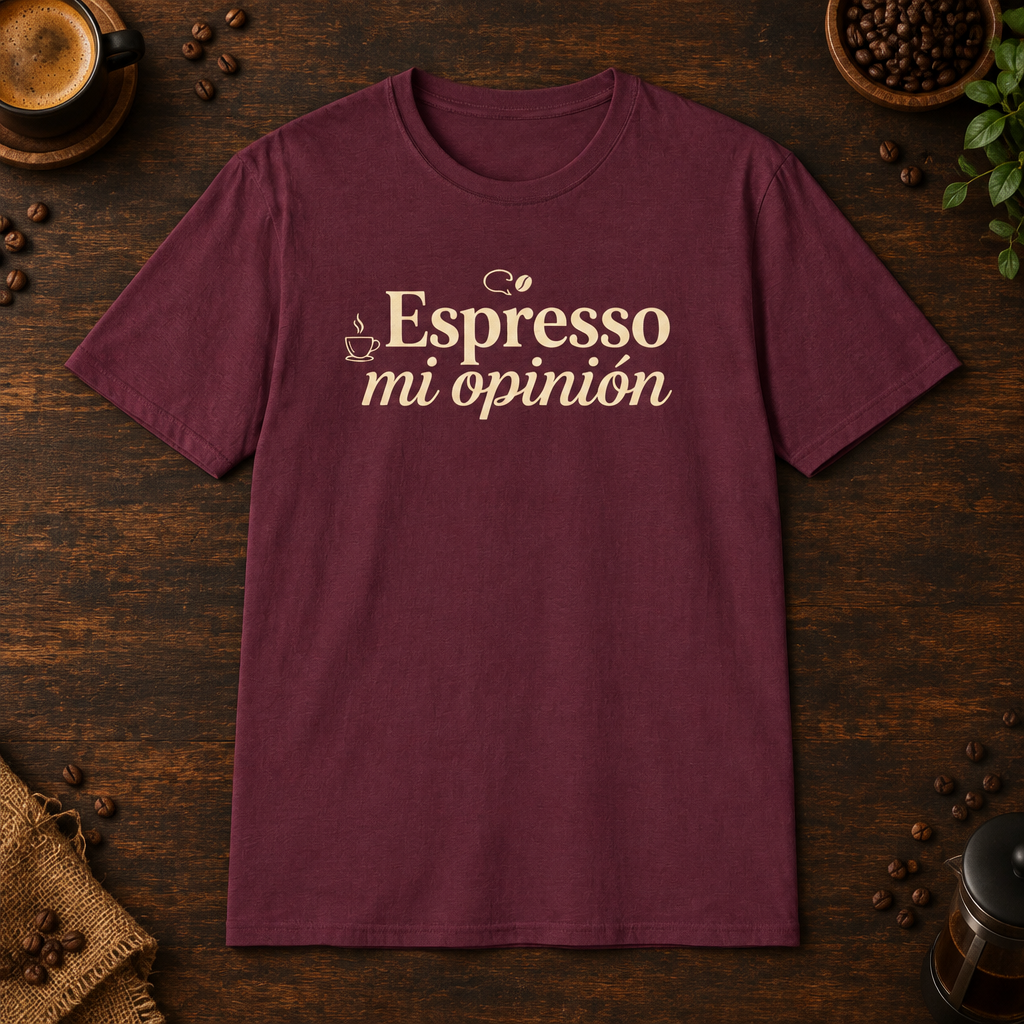Espresso mi opinión T-Shirt in Maroon, overhead coffee-bar flat-lay mockup