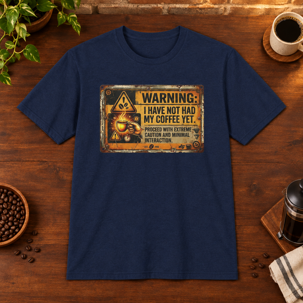 Warning Sign T-Shirt Navy coffee-bar flat lay, Sport Grey-matched framing