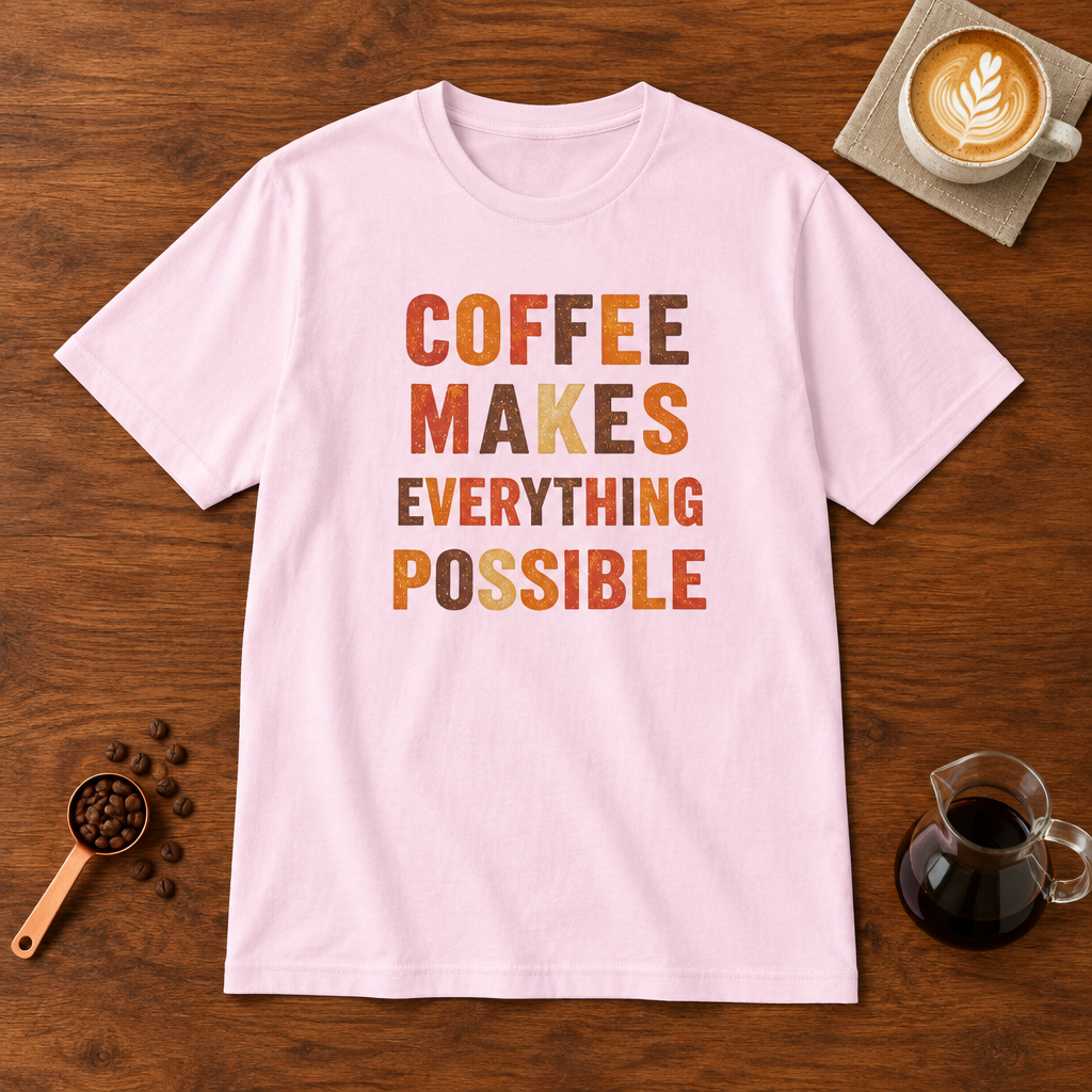 Coffee Makes Everything Possible text print T-Shirt Light Pink flat lay on walnut coffee bar