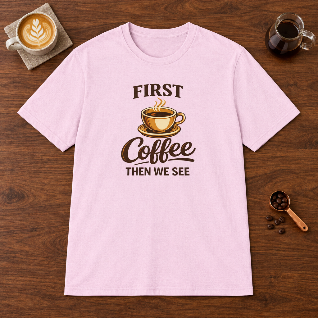 First Coffee Then We See T-Shirt Light Pink coffee bar mockup