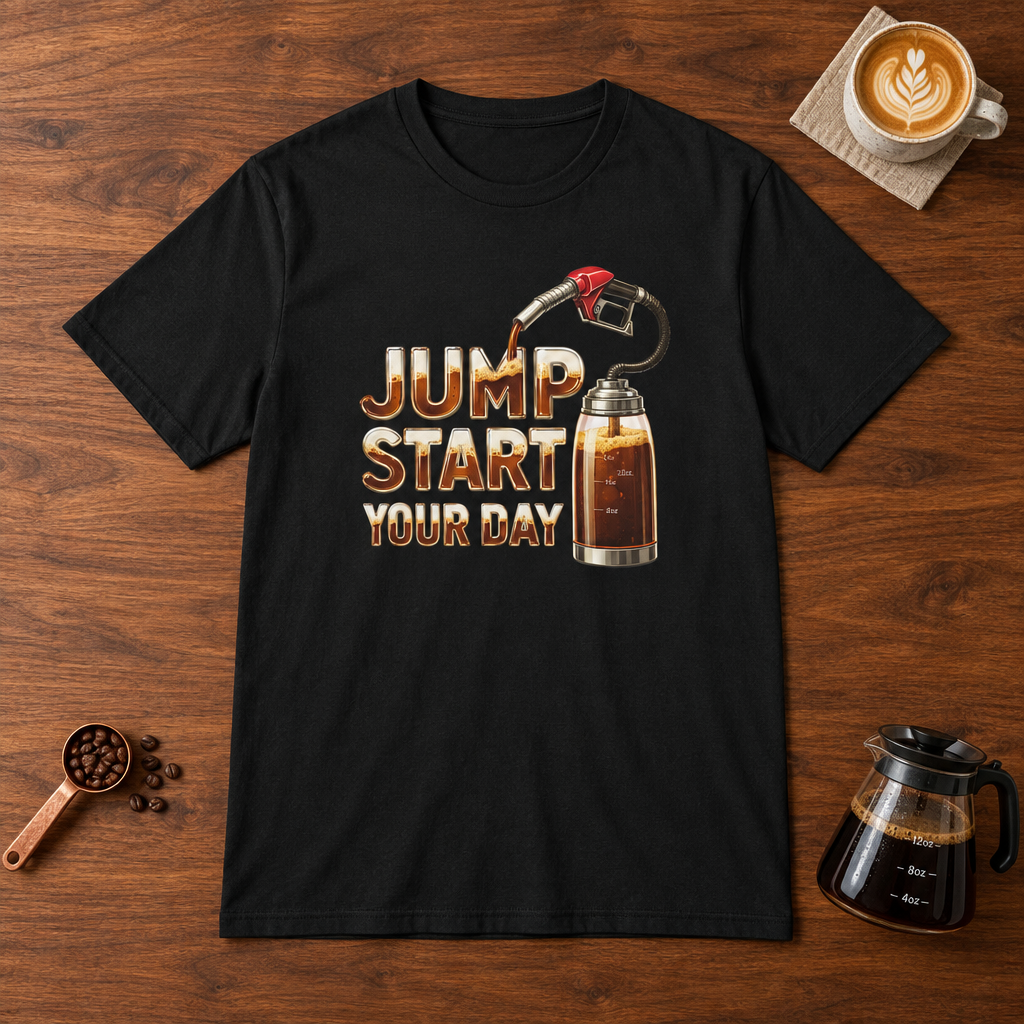 Jump Start Your Day T-Shirt Black flat lay on walnut coffee bar
