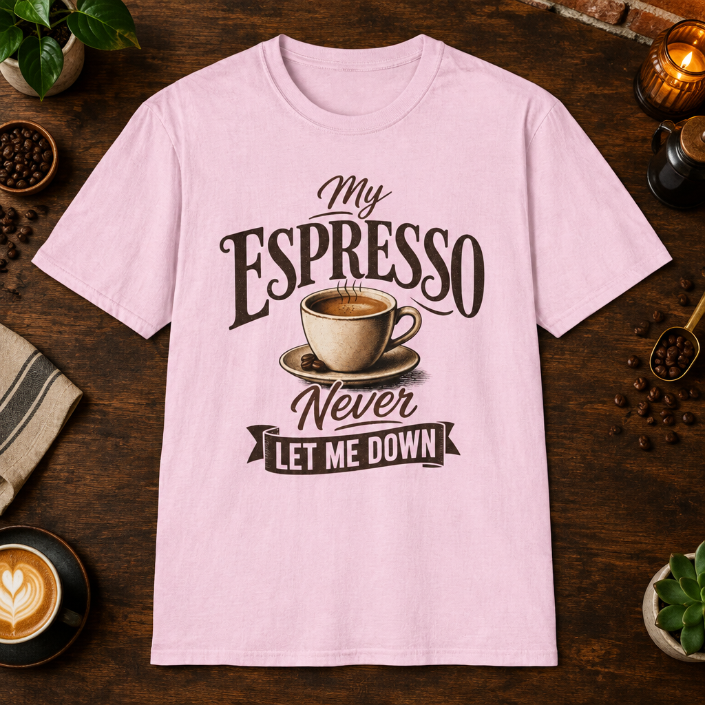My Espresso Never Let Me Down T-Shirt in Light Pink, overhead coffee-bar flat-lay mockup