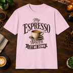 My Espresso Never Let Me Down T-Shirt in Light Pink, overhead coffee-bar flat-lay mockup