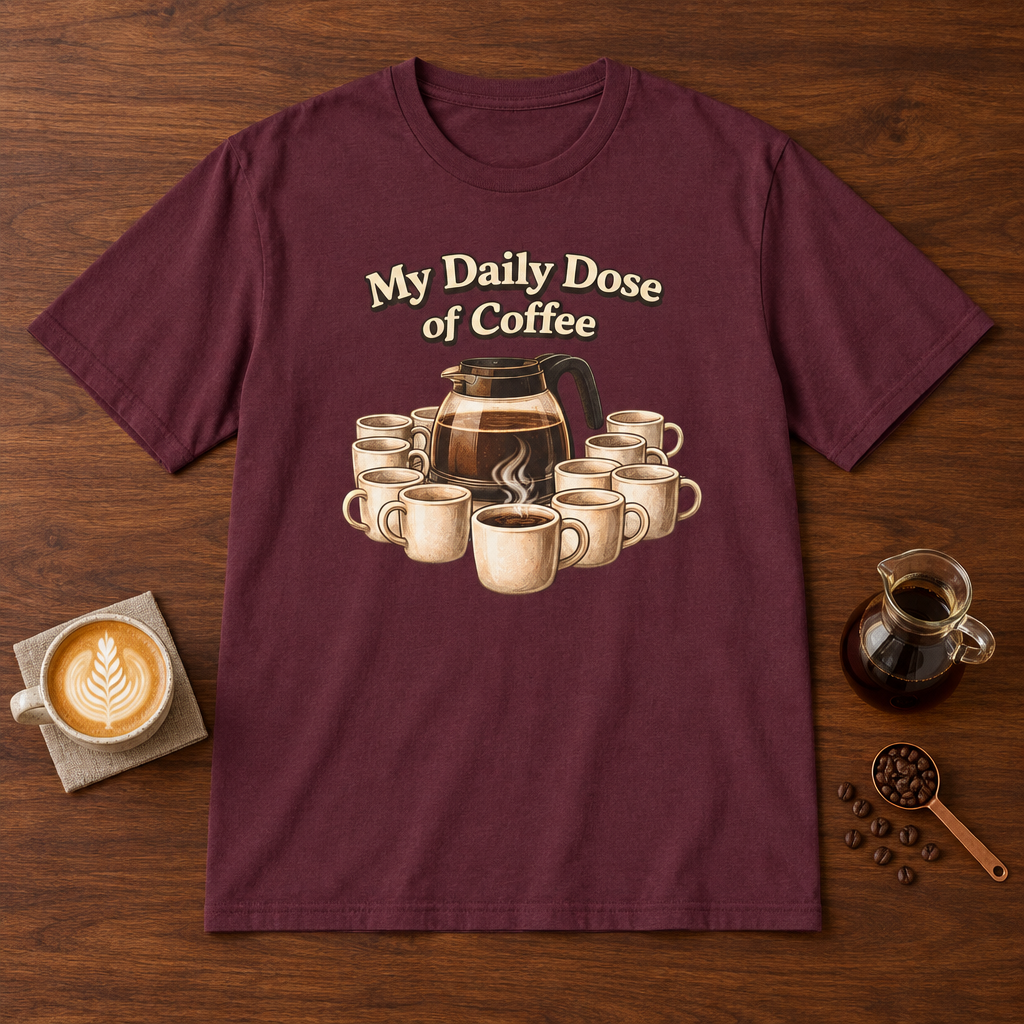 Daily Dose T-Shirt Maroon coffee bar mockup