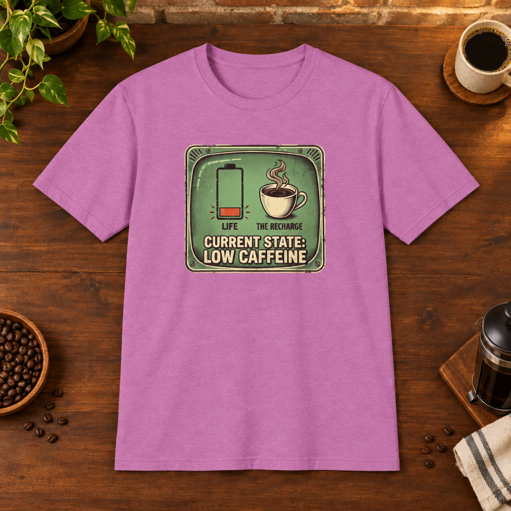 Current State T-Shirt Heather Radiant Orchid coffee-bar flat lay, Sport Grey-matched framing
