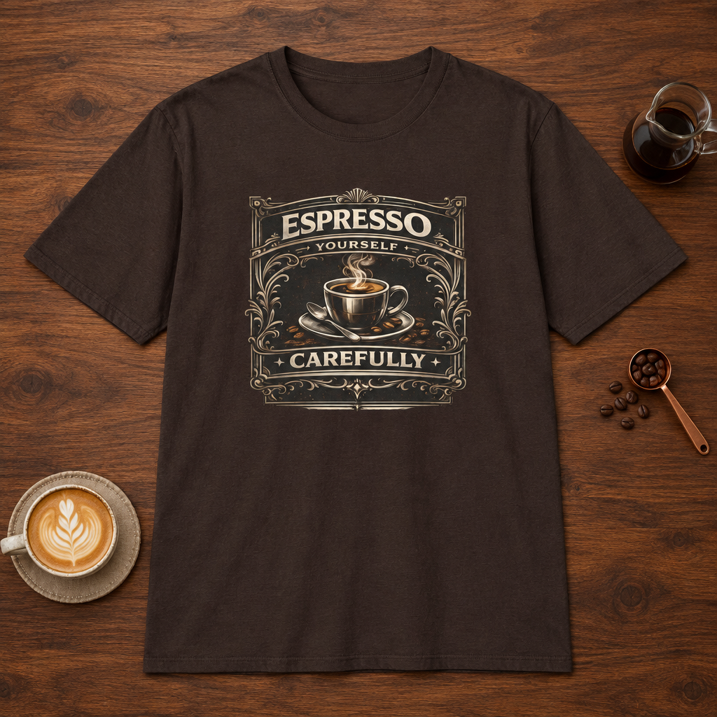 Espresso Yourself Carefully T-Shirt Dark Chocolate coffee bar mockup