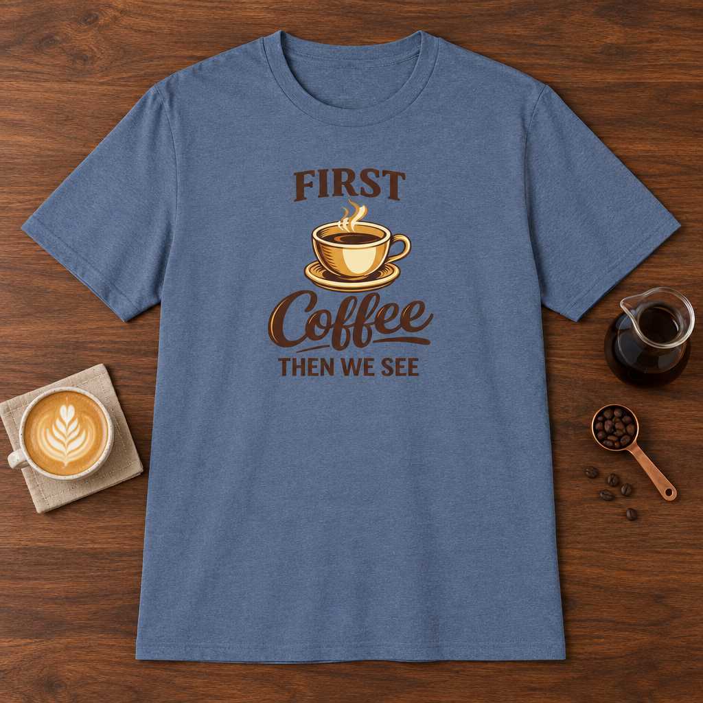 First Coffee Then We See T-Shirt Heather Indigo coffee bar mockup