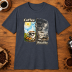 Coffee vs Reality T-Shirt in White, zoomed lifestyle mockup