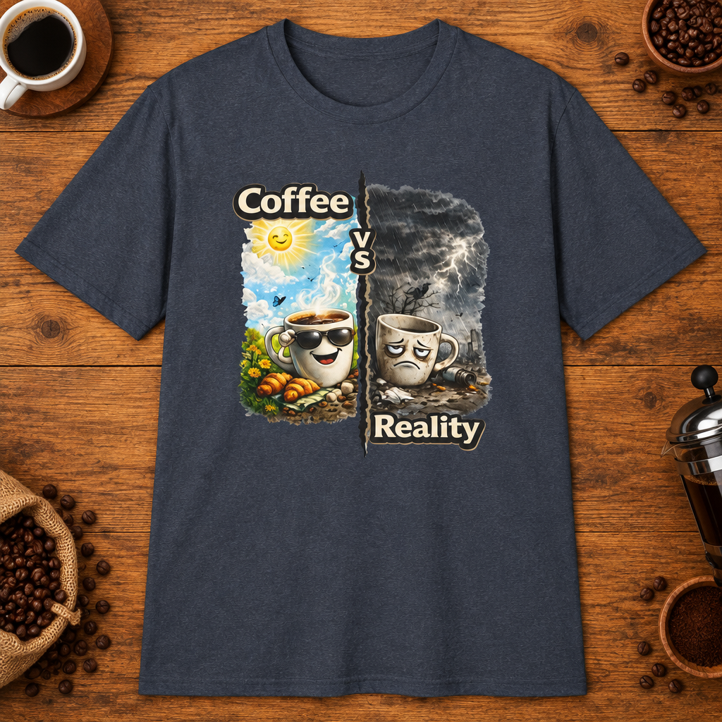 Coffee vs Reality T-Shirt in White, zoomed lifestyle mockup