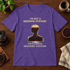 Not a Morning Person T-Shirt Heather Purple short-sleeve coffee-bar flat lay