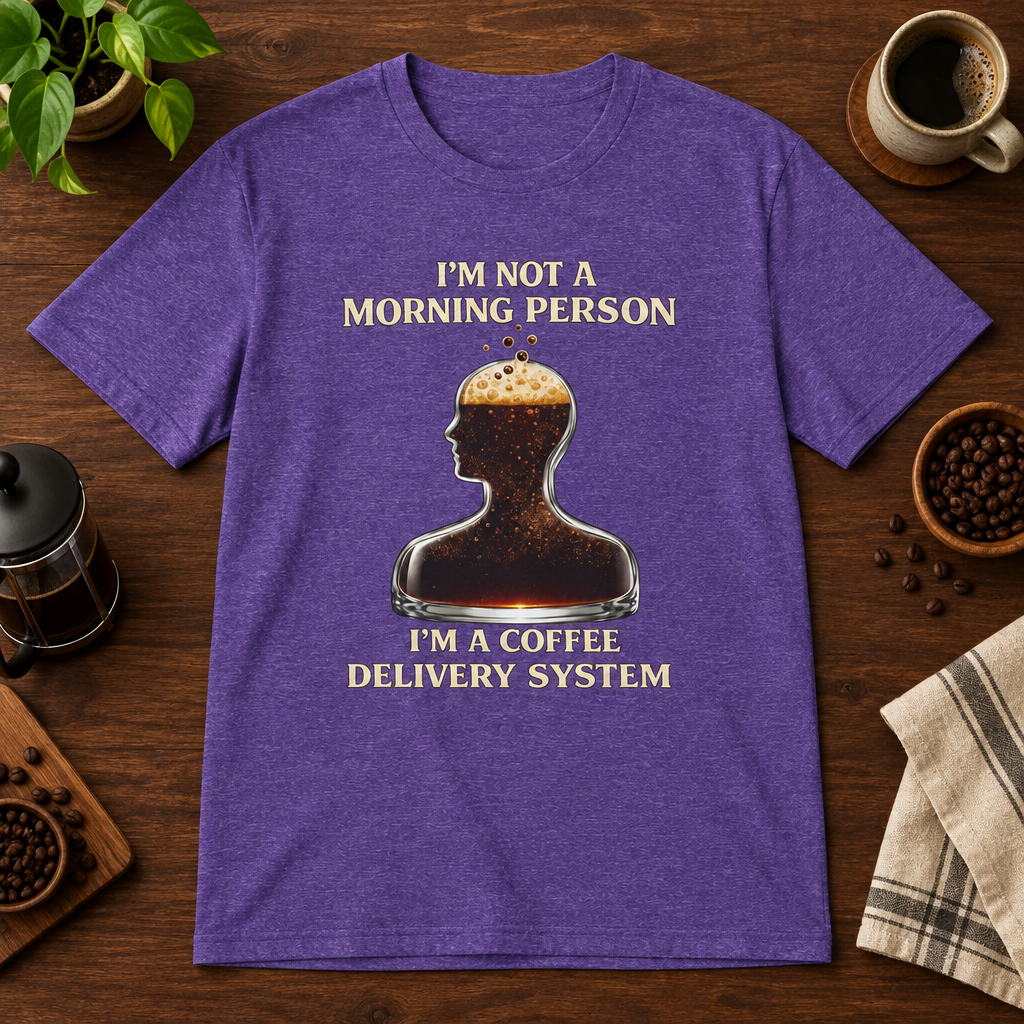 Not a Morning Person T-Shirt Heather Purple short-sleeve coffee-bar flat lay