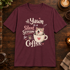 A Kitten’s Yawn T-Shirt in Maroon, overhead coffee-bar flat-lay mockup